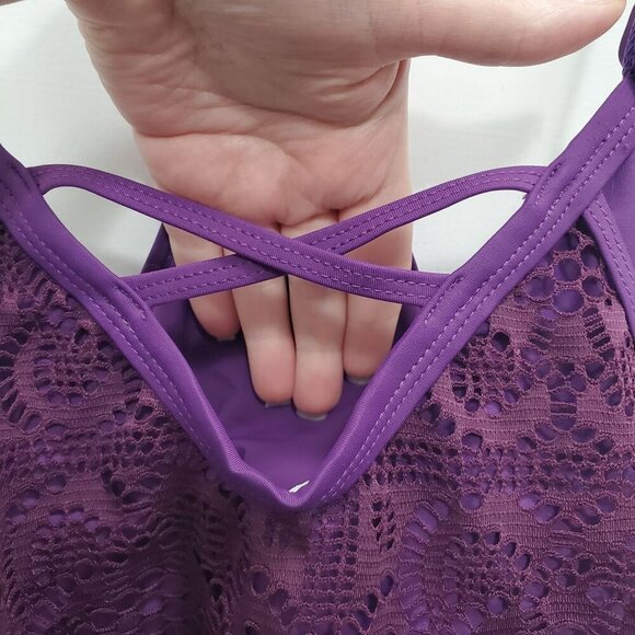 AnnJo Women Purple Plum Crochet Doily Lace Overlay 2-Fer Tankini Swim Tank M - Picture 4 of 7